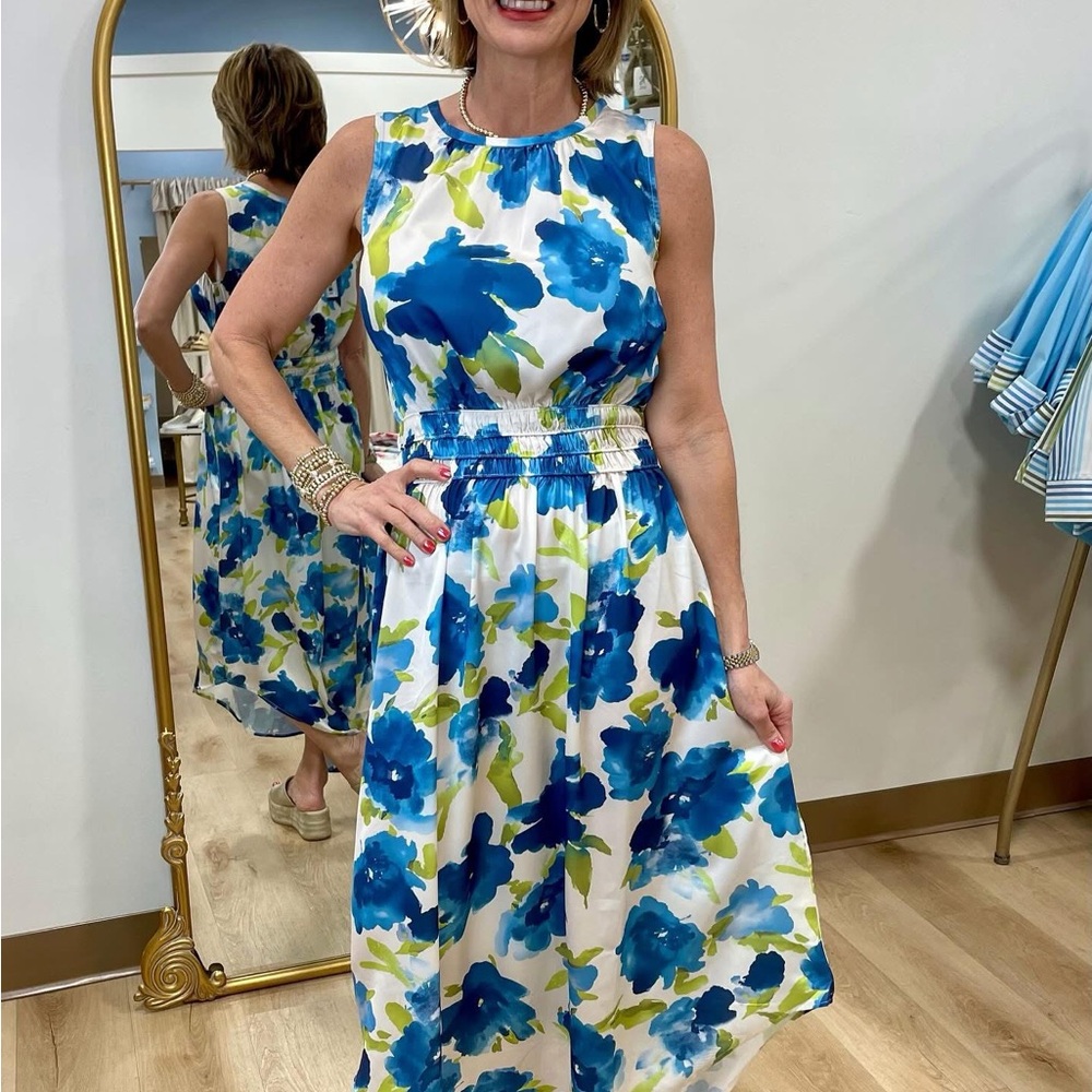 CHARLIE B Blue and Yellow Sleeveless Midi Dress